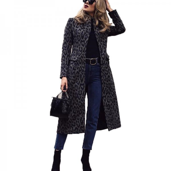 Coat Mid-length Black With A Turn-down Collar Leopard Print Top