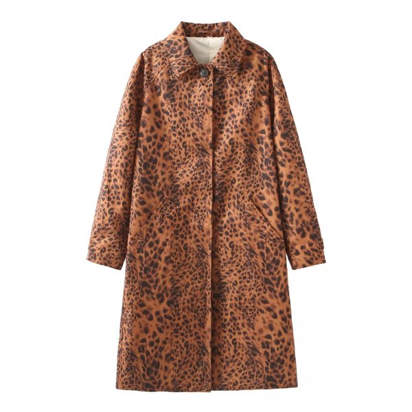 Single-breasted Animal Print Long Trench Coat