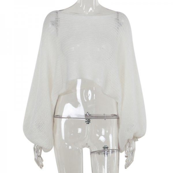 Fashion White Mesh See-through Lantern Sleeve Women