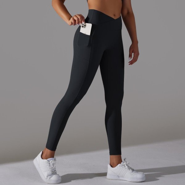 Nude Feel Skin-friendly Cross Waist Pocket Stretch Fitness Sports Ninth Pants