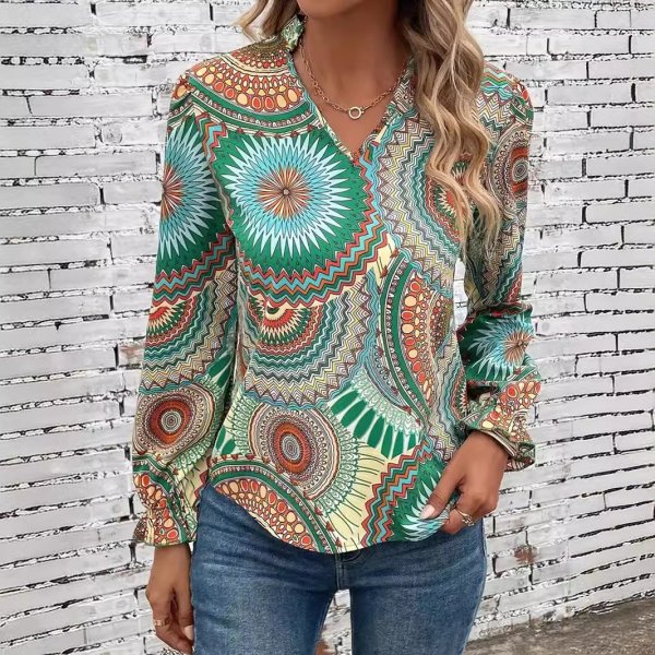 Printed V-neck Pullover Leisure Shirt Top For Women